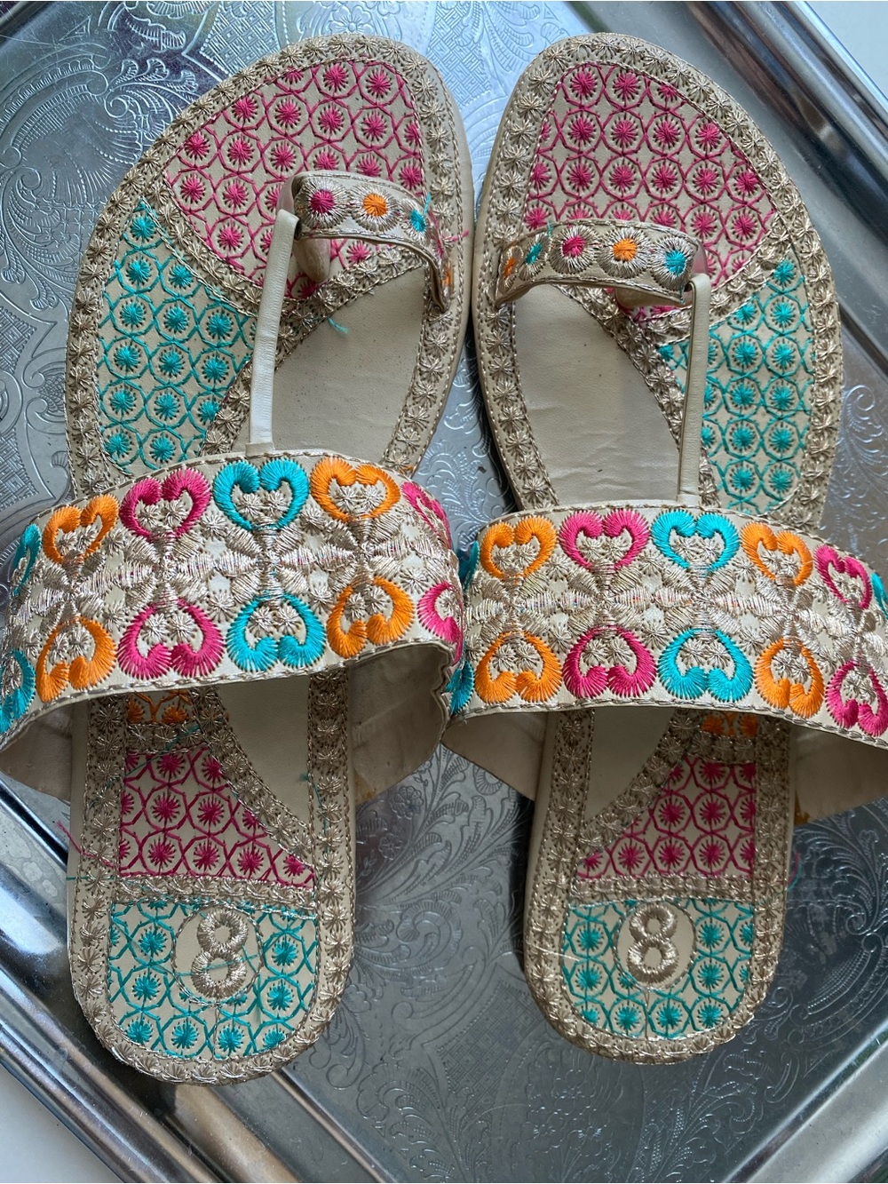 Hand-Embroidered Gold Slide Sandals with Teal, Pink & Orange Accents